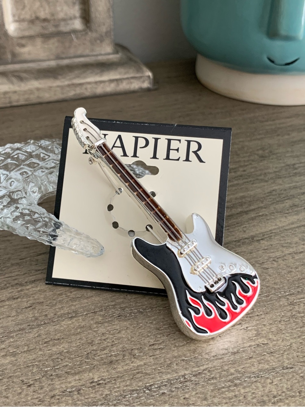 #65 Napier Electric Guitar Figural Silver Tone Enamel & Crystal Brooch Pin New